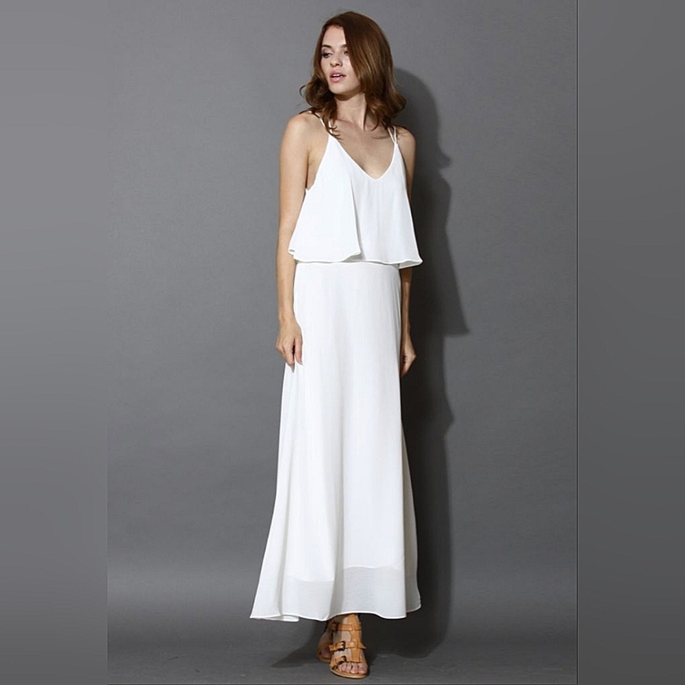 Zara Basic White Flowy Cami Tiered White Maxi Dre… - image 4